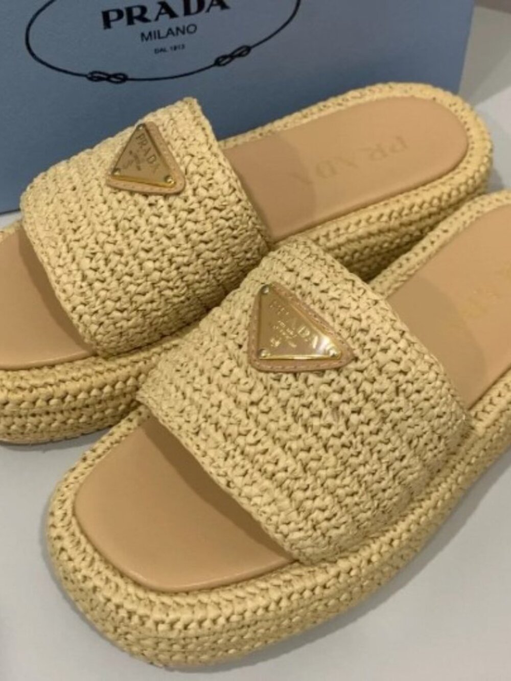 Prada Beige Woven Raffia Slide Sandals Size 37 - Picture 2 of 4
